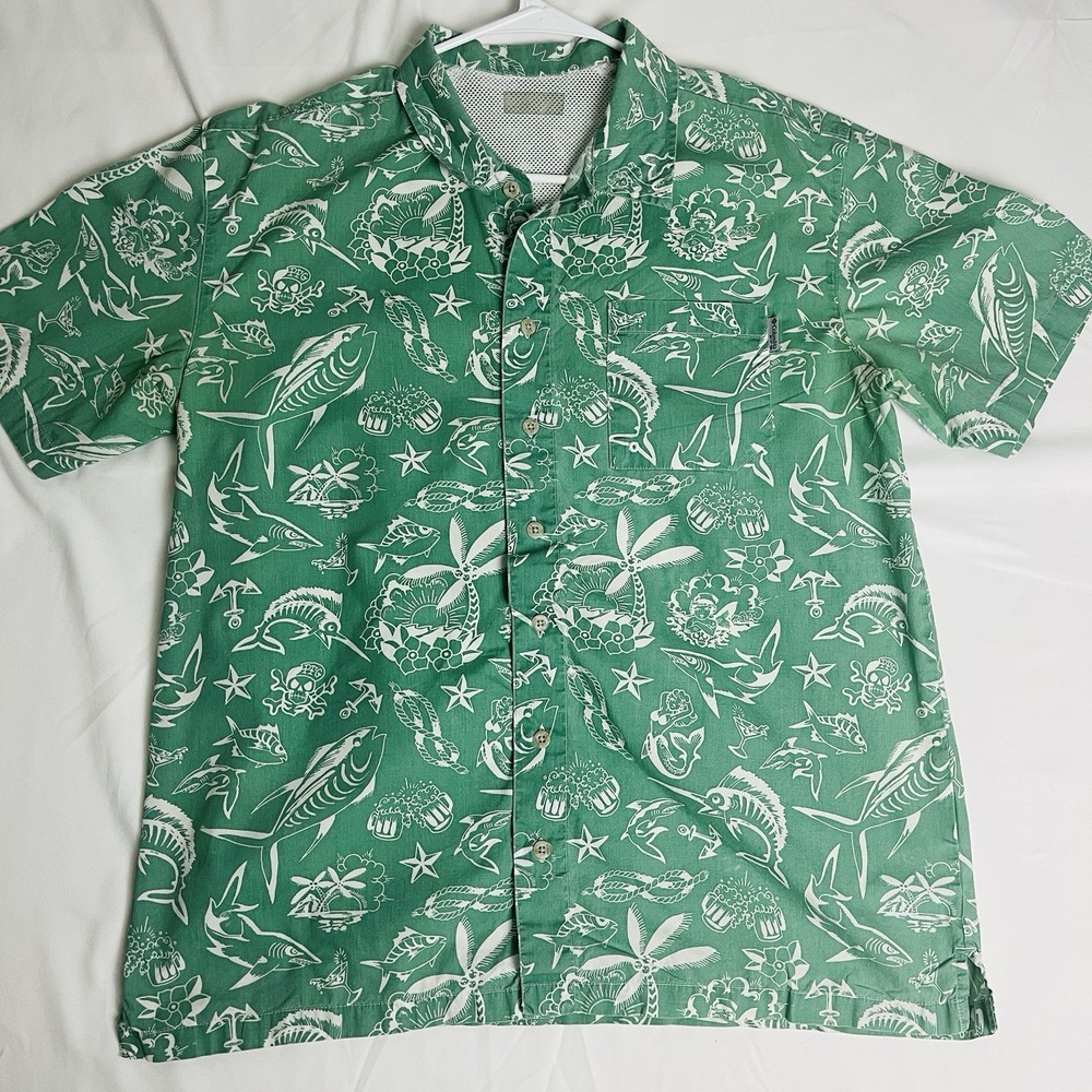 Columbia PFG Trollers Best Men's L Fishing Shirt Green Tattoo Graphic